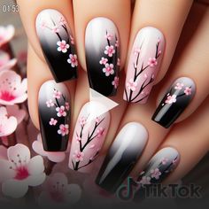 ▷Cherry Blossom themed Black nails homecoming nails acrylic black, nude acrylic nails, homecoming nail? Nails Acrylic Black, Cherry Blossom Theme, Nails Homecoming