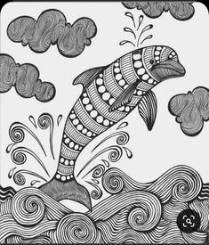 a black and white drawing of a fish jumping out of the water with clouds in the background