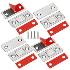 four red and silver metal brackets with screws on each side, all in the same direction