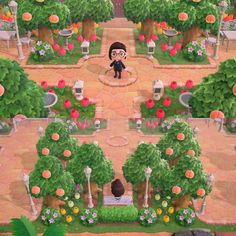 an animal crossing game is shown in the middle of a park with trees and flowers