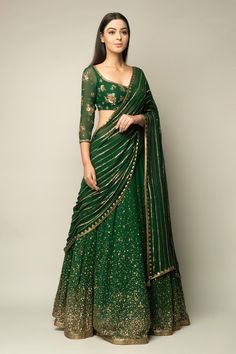 Shop for Prevasu Green Georgette Zardozi Embroidered Lehenga Set for Women Online at Aza Fashions Reka Bentuk Blaus, Indian Wedding Dress Traditional, Indian Outfits Lehenga, Green Lehenga, Red Lehenga, Indian Wedding Wear, Indian Bridal Outfits, Dress Indian Style, Indian Wedding Outfits