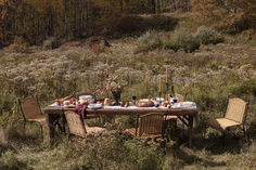 an outdoor table set up with food and drinks in the middle of a grassy field