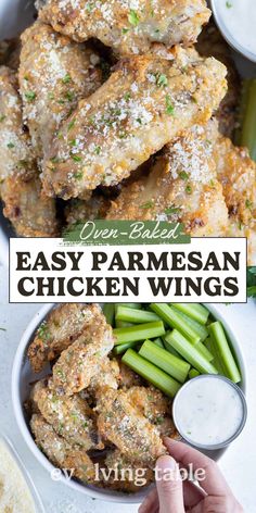 easy parmesan chicken wings with dipping sauce and celery on the side