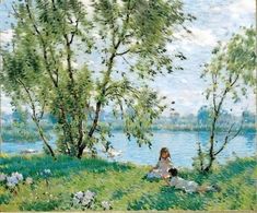 a painting of two people sitting in the grass by a lake with trees and flowers