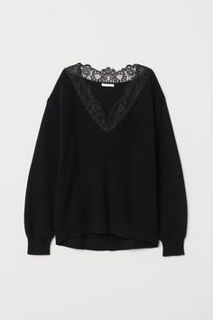 Long-sleeved sweater in rib-knit cotton with lace details. V-neck with lace trim  dropped shoulders  and ribbing at cuffs and hem. Lace Trim Sweater, Sweater With Lace, Lace Sweater, Mode Inspo, Black Sweater, Visual Kei, New Wardrobe, Look Cool