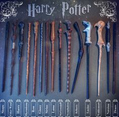 harry potter wands are lined up on a table with the words's and numbers