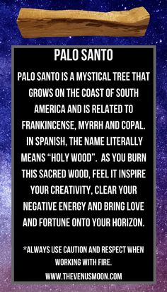 a sign that says palo sano is a mystic tree that grows on the coast of south america