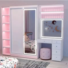 a child's bedroom with a pink and white theme, including a mirrored closet