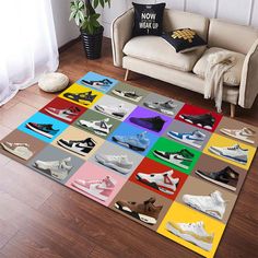 a living room area rug with various shoes on it