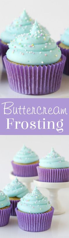 blue frosted cupcakes with white sprinkles on top and the words buttercream frosting above them