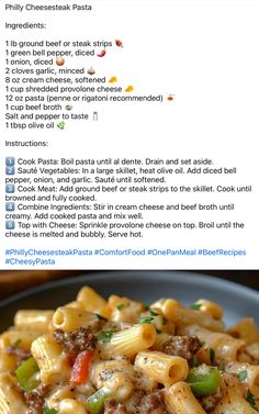 the recipe for this pasta dish is shown in two different languages, including one with meat and cheese