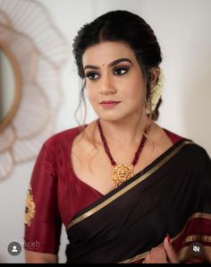 Remya Nambeesan Saree, Kanjeevaram Sarees Blouses Design, Close Neck Blouse Designs For Silk Saree, Black Silk Saree Blouse Designs, Blouse Designs For Heavy Arms, Black Mysore Silk Saree, Blouse Design For Heavy Bust, Front Blouse Designs Latest, Close Neck Blouse Designs