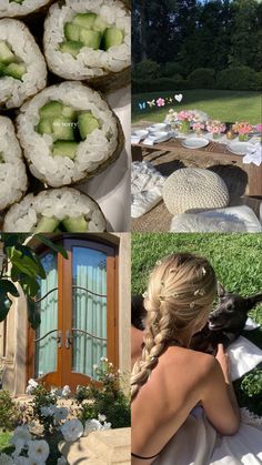 a collage of photos with sushi and flowers