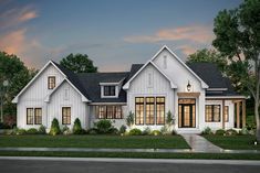 this is an artist's rendering of the front elevation of a house with white siding and windows