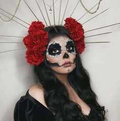 Black Catrina Makeup, Red Day Of The Dead Makeup, Blue Sugar Skull Makeup, Red Catrina Makeup, Dia De Los Muertos Makeup Ideas, Mexican Skull Makeup, Cheap Easy Halloween Costumes, Candy Skull Makeup