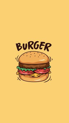 a burger on a yellow background with the word burger written in black and red letters