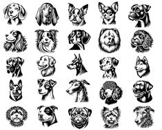 a set of dog heads in black and white, each with different dogs'faces