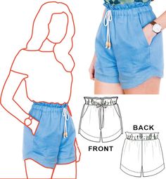 the front and back view of shorts with drawstrings on each side, which are