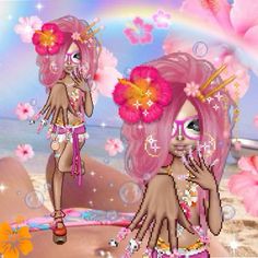 a girl with pink hair and flowers on her head is standing in front of the ocean