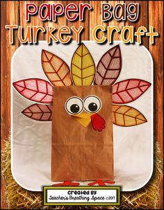 a paper bag turkey craft with leaves on it