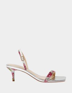 REBEL RHINESTONE FLORAL - SHOES - Betsey Johnson Comfortable Kitten Heels, Big Steppa, Pink Kitten Heels, Heel Collection, Disco Wedding, Shoe Wishlist, Floral Heels, Fun Heels, Satin Shoes