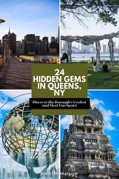 there are four pictures with the words hidden gems in queens, ny