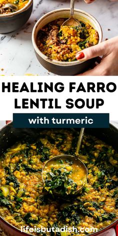 two bowls of lentil soup with spinach and carrots in them, one is being spooned into the bowl