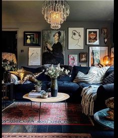 a living room filled with lots of furniture and pictures on the wall above it's coffee table