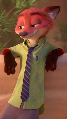 a cartoon fox wearing a green shirt and tie with his hands on his hips while standing in the sand