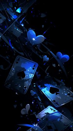 an abstract background with playing cards and hearts floating in the air on top of each other