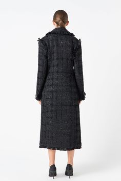 This luxurious tweed coat has lined pockets, jeweled buttons, and fringed edges. It's finished with a large lapel collar. Tweed Long length Fringed tweed edges Single-breasted Features jeweled buttons Decorative jeweled buttons at wrists Lined front pockets Lined Do not wash Do not bleach Do not tumble dry Iron low Dry clean Shell: 100% Polyester Lining: 100% Polyester HN1358J Total length: 49.25" Bust: 37" S BLACK: Height 5'9.5" / Bust 33" / Waist 22.5" / Hip 35.5" Long Tweed Coat, Tweed Coat, Satin Mini Dress, Lapel Collar, Layering Pieces, Black Coat, Long Length, White Tshirt, White T