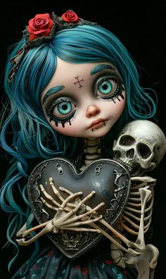 a skeleton girl with blue hair holding a heart shaped object in her hands and roses on her head