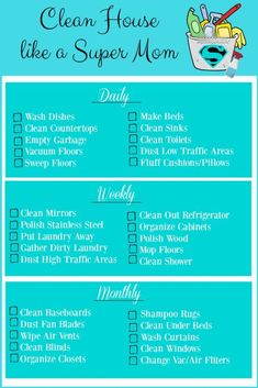 a clean house checklist with the words clean house like a super mom