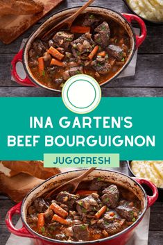 two red pots filled with beef and carrots next to some bread on a wooden table