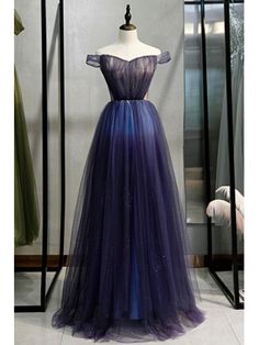 Navy Blue Tulle Off Shoulder Prom Dress With Corset Back Navy Blue Corset Dress, Navy Blue Gradient, Best Evening Dresses, Cheap Evening Gowns, Evening Gowns Online, Backless Formal Dresses, Grey Evening Dresses, Burgundy Evening Dress, Glamorous Evening Dresses