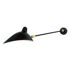 a black wall light with a long arm and two lights on it's side