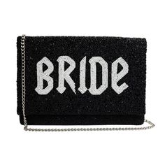 a black and white purse with the word bride written in white on it's side