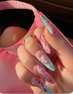 Difficulty: Easy     Sometimes Nail Stickers just make funky nails easier! Try and recreate these with some of my cute top pics in the Amazon link above ❤️😘 Makayla London, Y2k Glitter, Long Almond, Nails Only, Bling Acrylic Nails, Appreciation Post, Glitter Nail