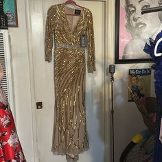 Gold Sequin Long Sleeve V Neck Floor Length Mac Duggal Gown With Silver Beaded Waist Band In Pristine Condition With Every Bead And Sequin In Place Gold Sequin Gown, Dresses Gold, Long Sleeve Evening Gowns, Mac Duggal Dresses, Sequin Gown, Mac Duggal, Gold Sequin, Gold Dress, Waist Band