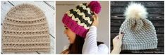 crocheted hats with pom poms are shown in three different colors and sizes