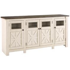 a white cabinet with two doors and three drawers on the bottom, in front of a white background