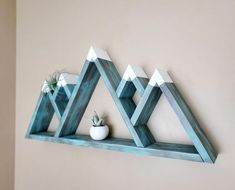 a shelf with some plants on it in front of a beige wall and a potted succulent