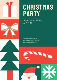 a christmas party poster with santa claus and presents on it's side, including an xmas tree