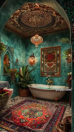 an ornate bathroom with green walls and rugs