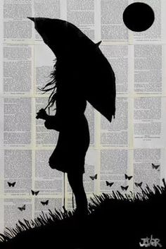 a person holding an umbrella standing in front of a book page with butterflies flying around