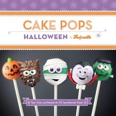 halloween cake pops with faces on them in front of an orange and purple background that says cake pops halloween