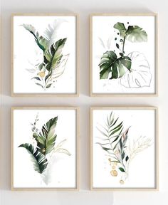 four framed art pieces with green leaves on them