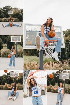 a collage of photos shows a woman playing basketball with her legs in the air