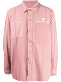 Carnation pink cotton long-sleeve poplin shirt from OAMC featuring vertical stripe print, straight-point collar, front button fastening, long sleeves, buttoned cuffs, two chest patch pockets and curved hem. | Oamc Long-Sleeve Poplin Shirt Kaos Pink, Carnation Pink, Shirt Cuff, Plain Shirts, Poplin Shirt, Mens Outerwear, Pink Cotton, Stripe Print, Short Sleeve Shirt