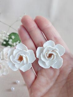 two white flowers are in the palm of someone's hand